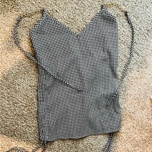 Houndstooth Halter-neck Camisole w/ Gold Chain Straps & Ruched Adjustable Sides